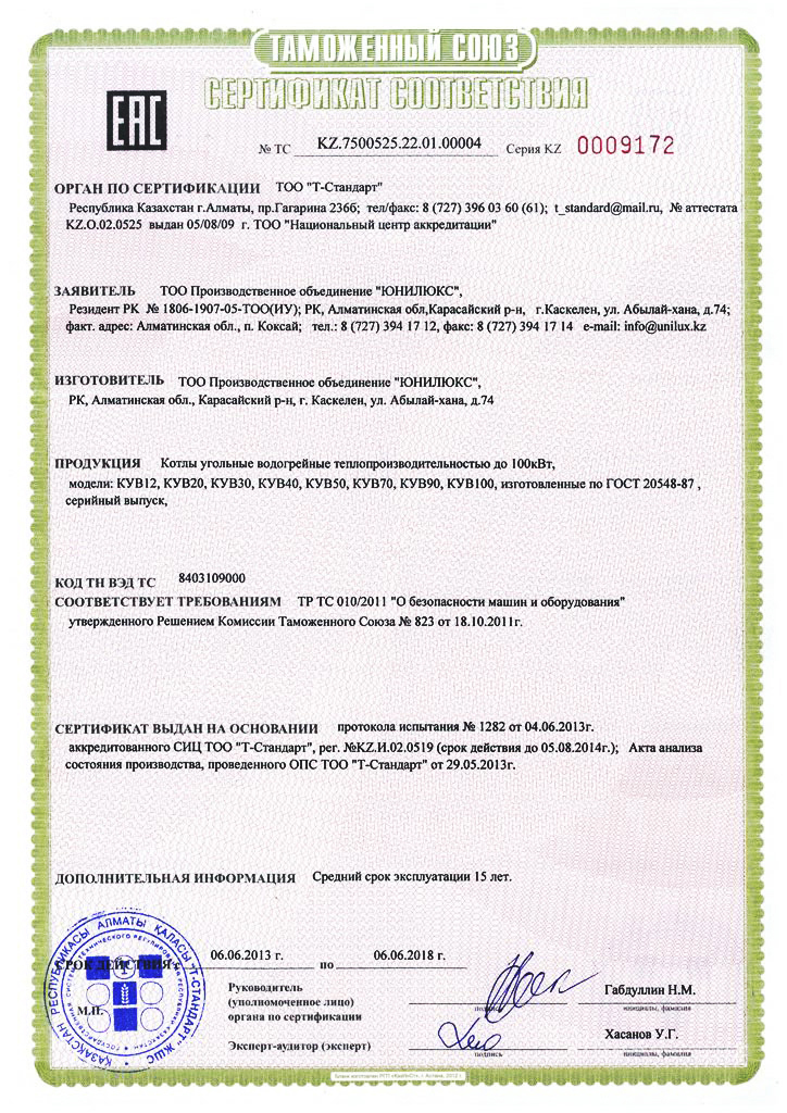 Сертификат котла угольного